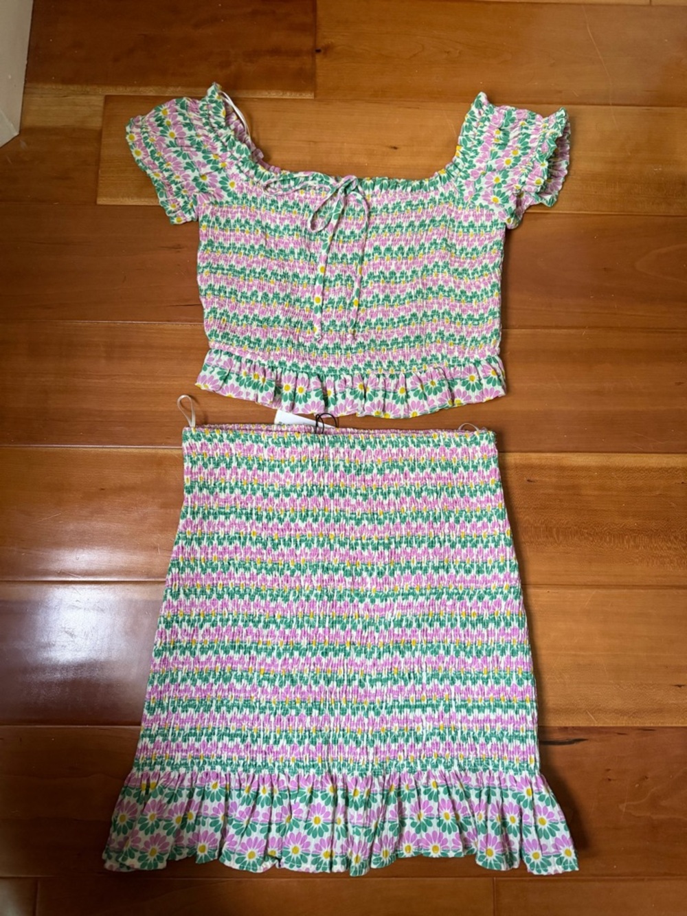 Zara Pink & Green Floral Smocked Top and Skirt Set - XS